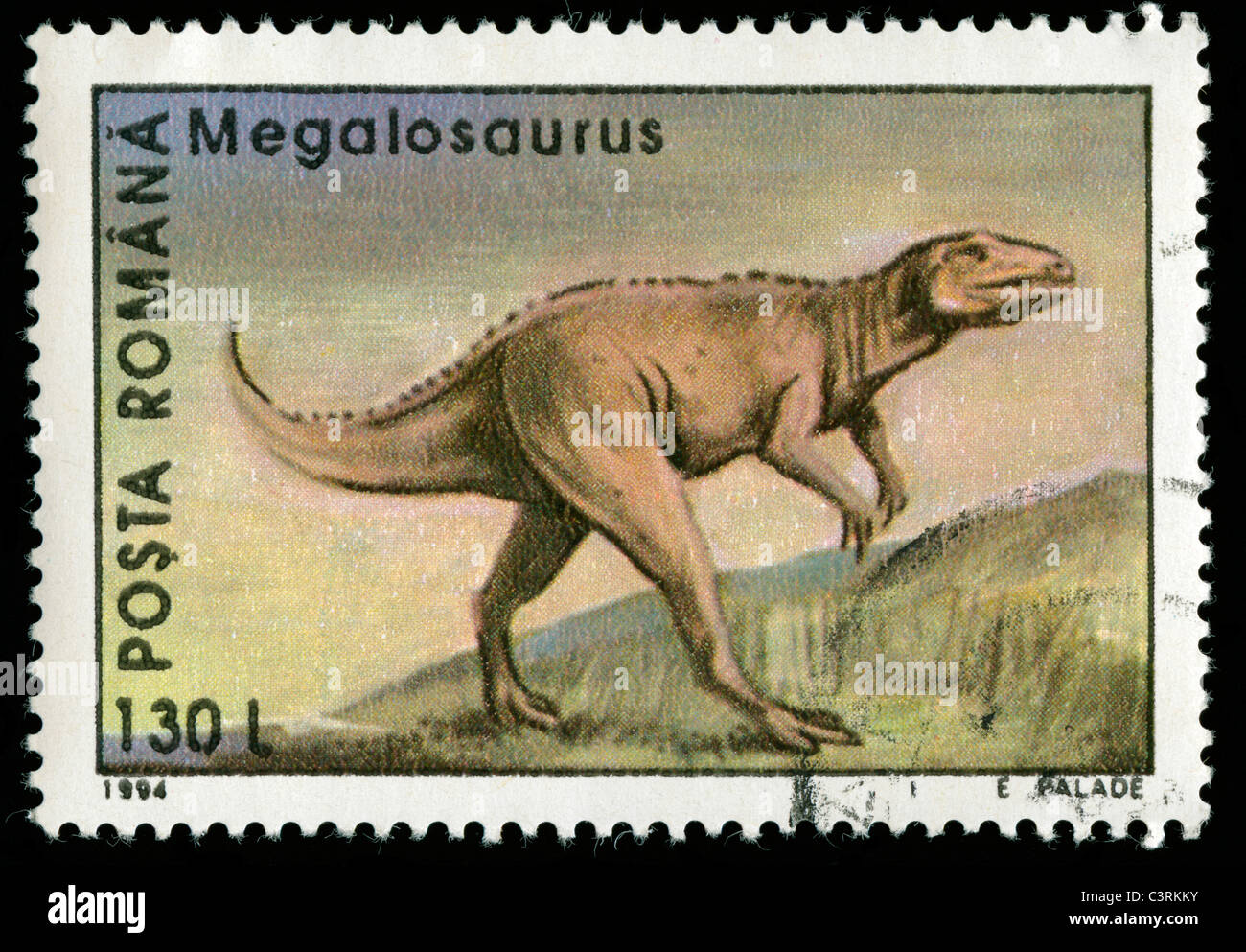 Stempel aus Rumänien mit Zeichnung von einem megalosaurus Stockfoto
