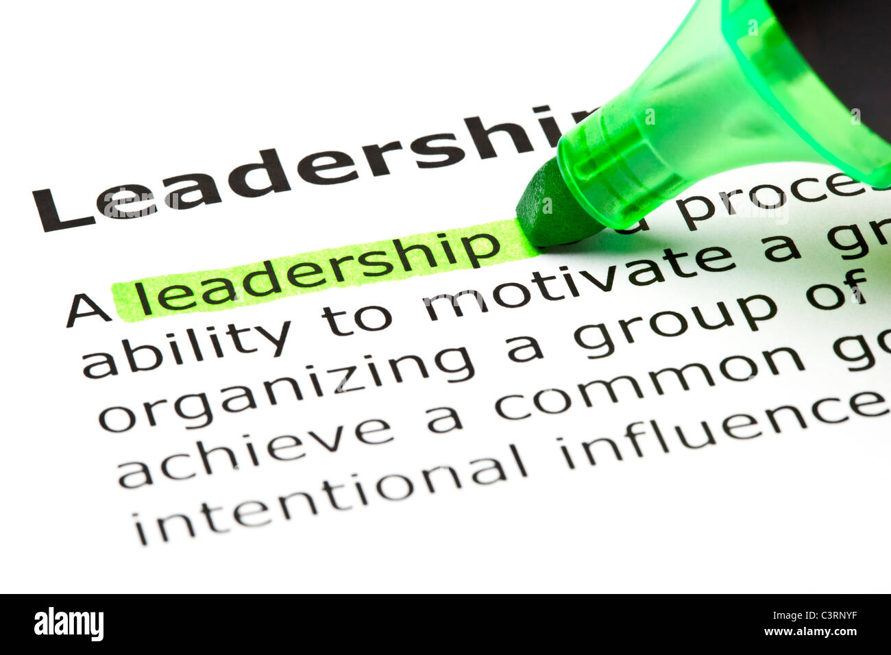Das Wort Filzstift "Leadership" markiert in grün mit Spitze Stockfoto