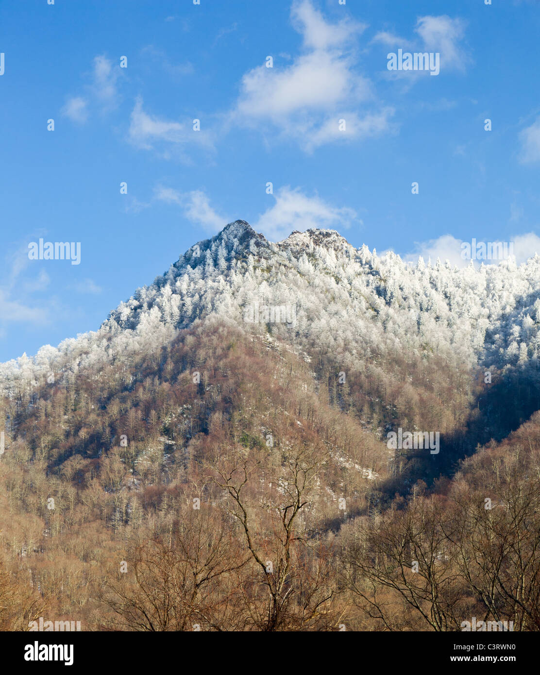 Berühmte Great Smoky Mountains National Park Blick auf Chimney Tops abgedeckt im Schnee im Frühjahr, USA Stockfoto