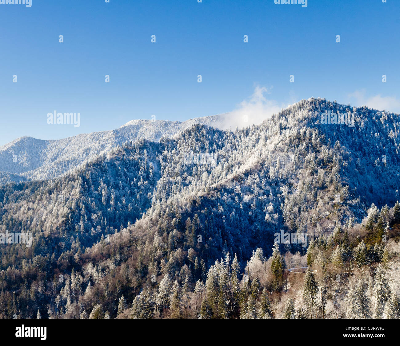 Berühmte Smoky Mountain Blick auf Mount Leconte, Great Smoky Mountains National Park bedeckt im Schnee im Frühjahr Stockfoto