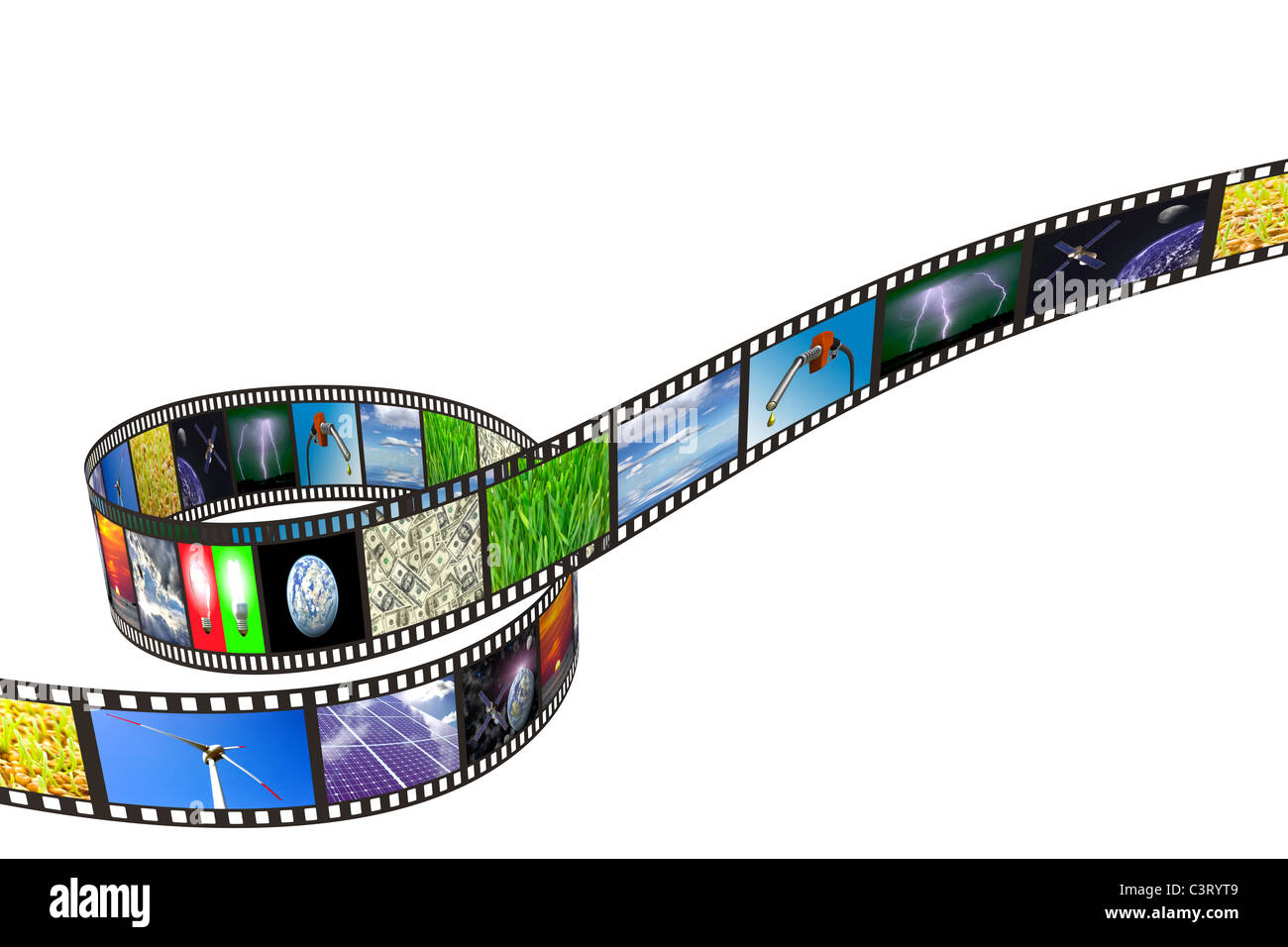 Filmstreifen mit Technologie, Energie und Umwelt Bilder auf weißem Hintergrund Stockfoto