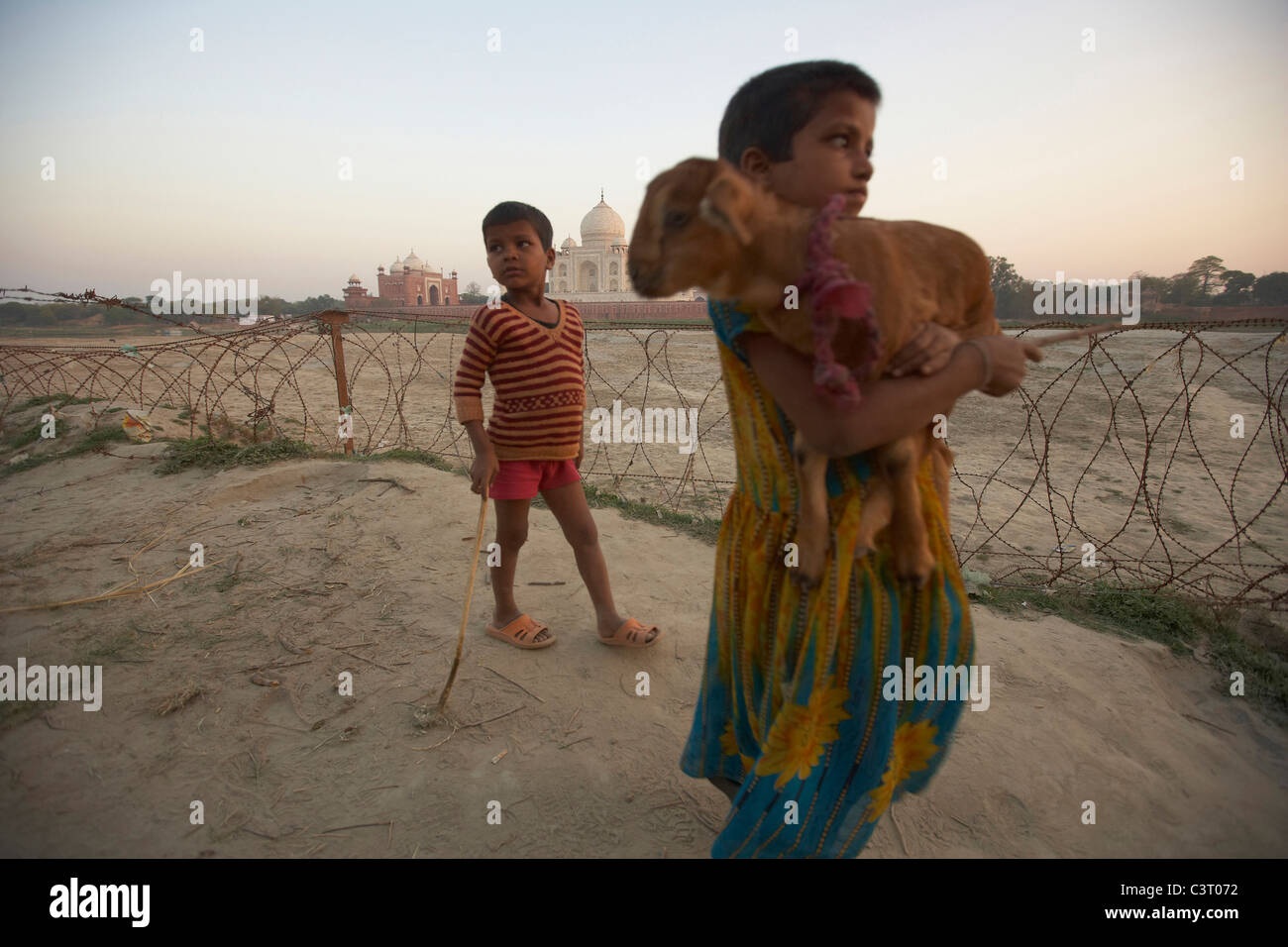 Kinder vor dem Taj Mahal am Ufer des Flusses Yamuna, Agra, Indien Stockfoto