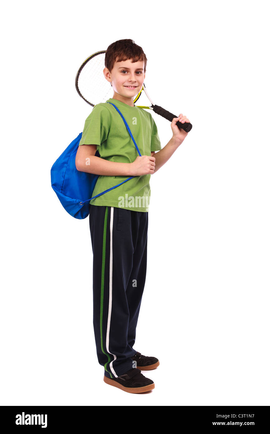 Porträt eines niedlichen Kind mit Tennisschläger isoliert auf weißem Hintergrund Stockfoto