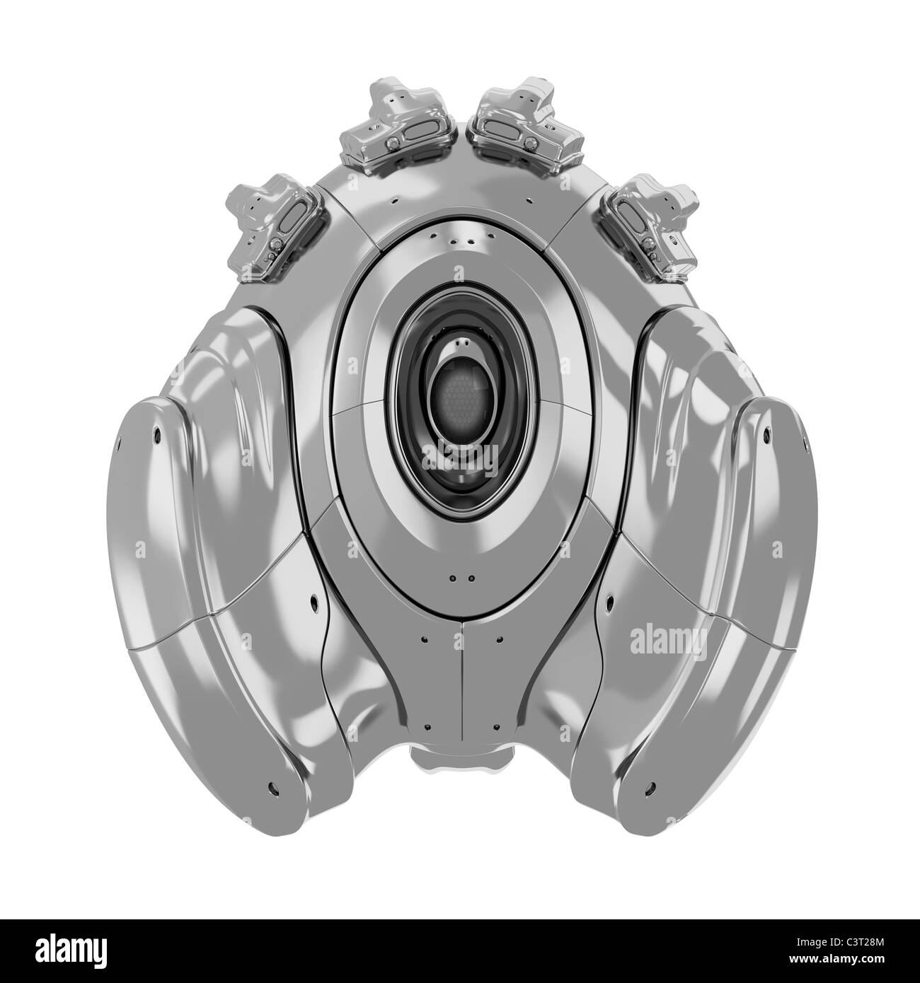 Futuristische Objekt mit Kamera isoliert auf weiss.  Alien-Schiff Stockfoto