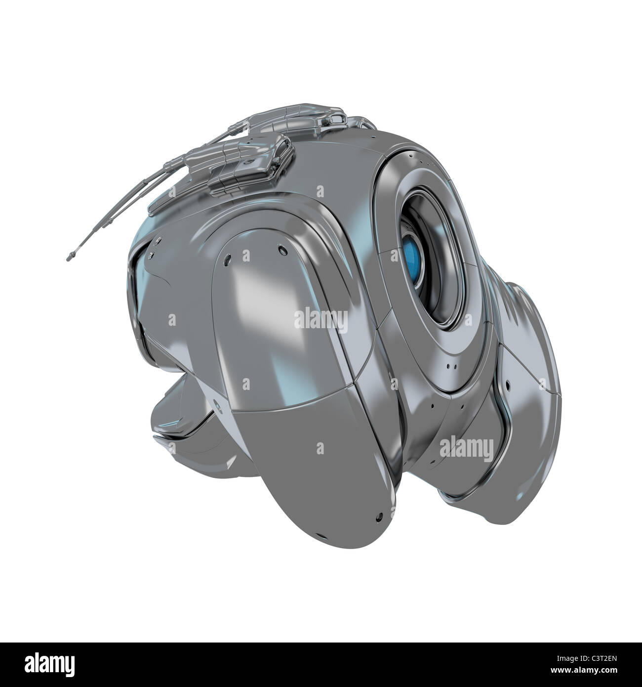 Futuristische Objekt mit Kamera isoliert auf weiss.  Alien-Schiff Stockfoto