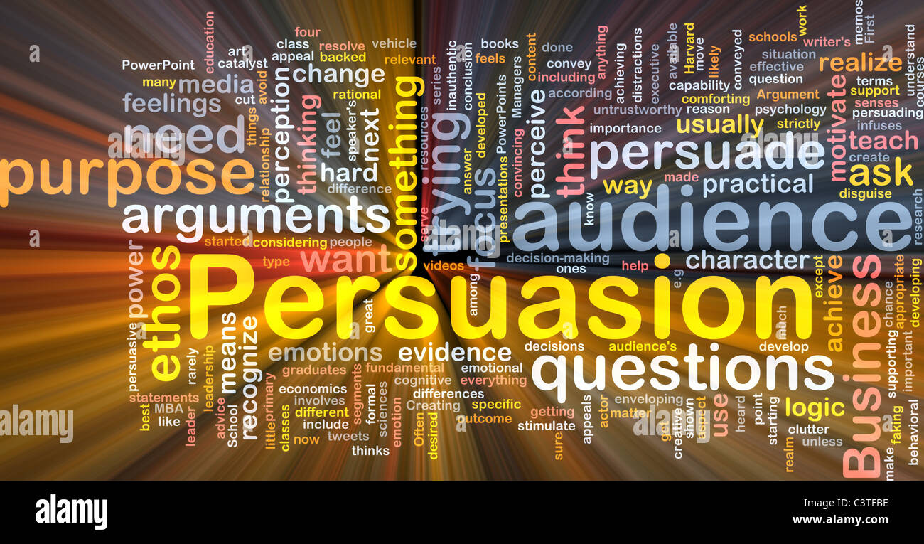Hintergrund-Konzept Wordcloud Illustration der Überredung gleißenden Licht Stockfoto