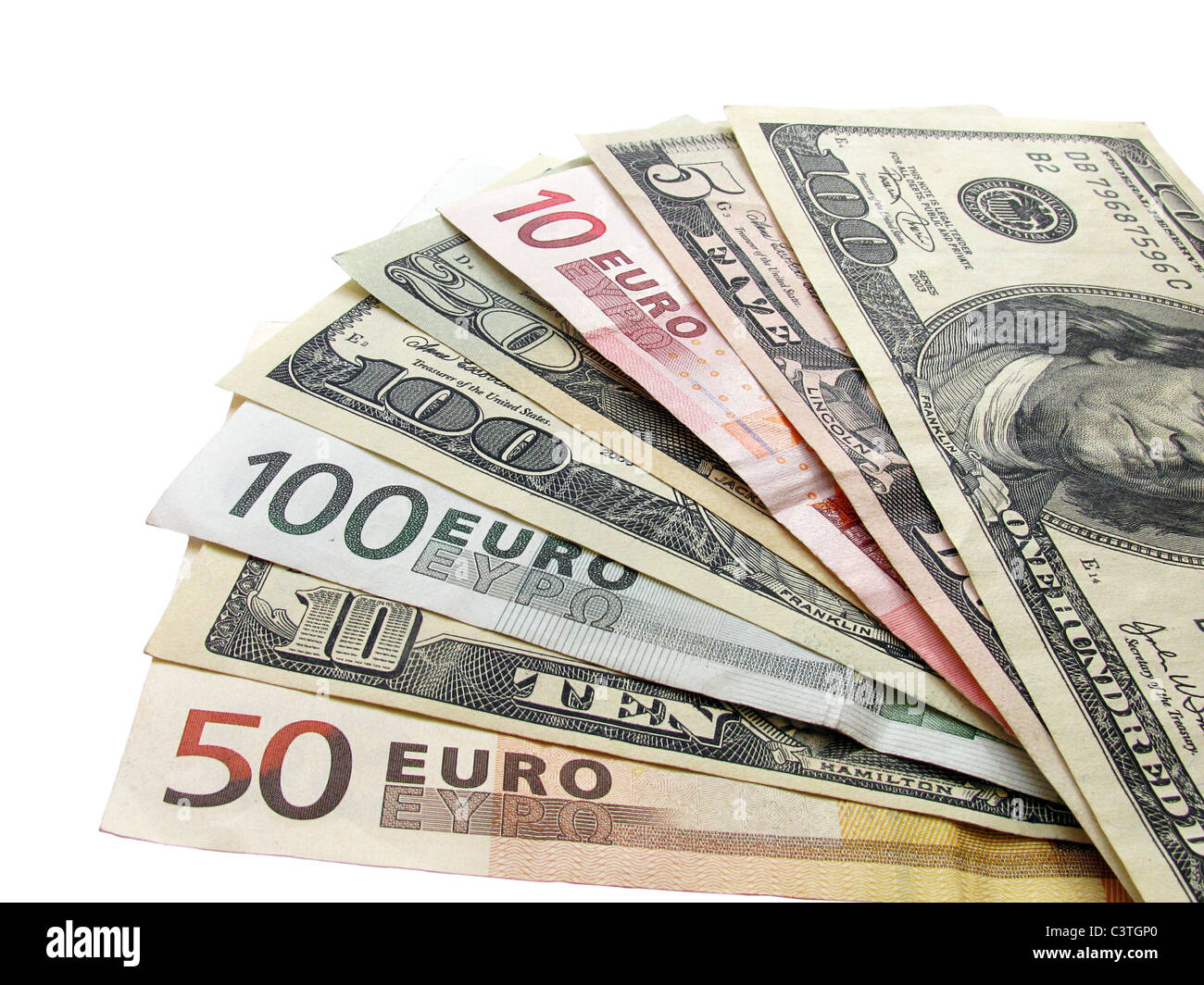 Geld: Leporello förmige Euro und Dollar-Banknoten Stockfoto