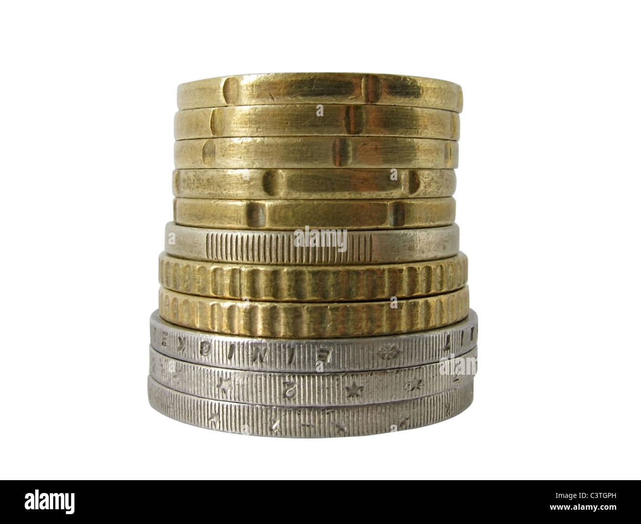 Turm aus Euro-Cent-Münzen über weiß Stockfoto