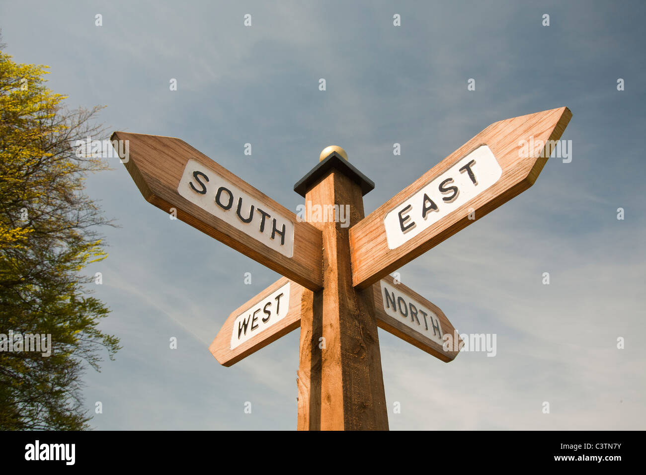 Ein Kompass Post am weißen Brunnen auf Ilkley Moor, Yorkshire, Großbritannien. Stockfoto