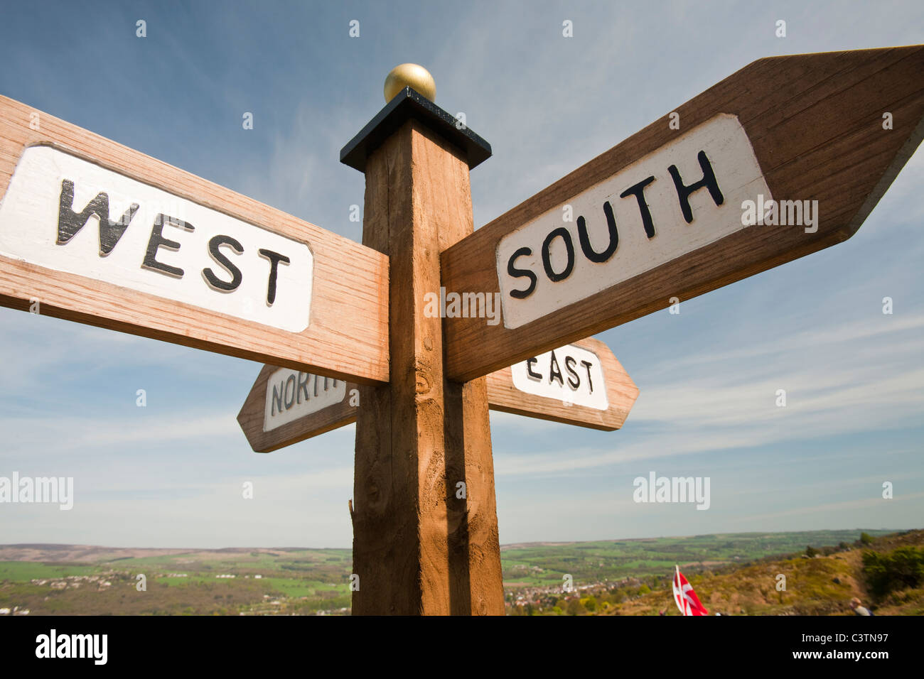 Ein Kompass Post am weißen Brunnen auf Ilkley Moor, Yorkshire, Großbritannien. Stockfoto