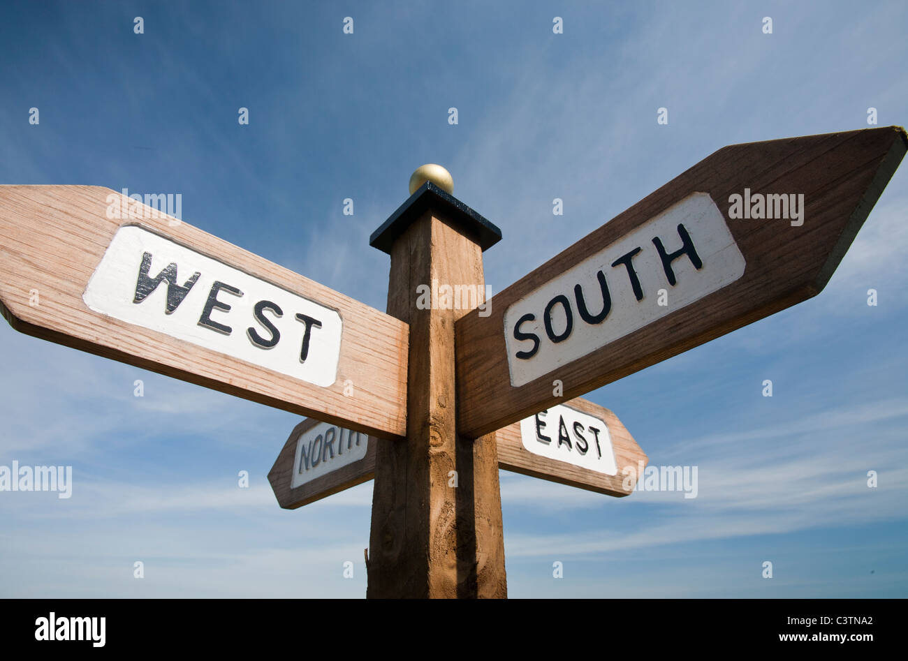 Ein Kompass Post am weißen Brunnen auf Ilkley Moor, Yorkshire, Großbritannien. Stockfoto