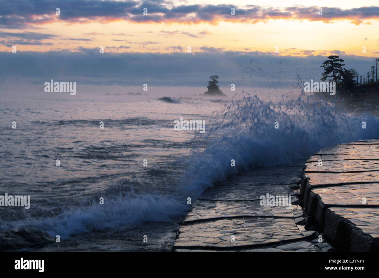 Wave entsprechende/r am Ufer in der Morgendämmerung Stockfoto