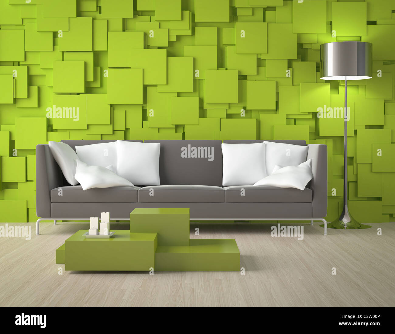 Interior Design für einen modernen Innenraum mit grünen Wand aus Blöcken und Möbel Stockfoto
