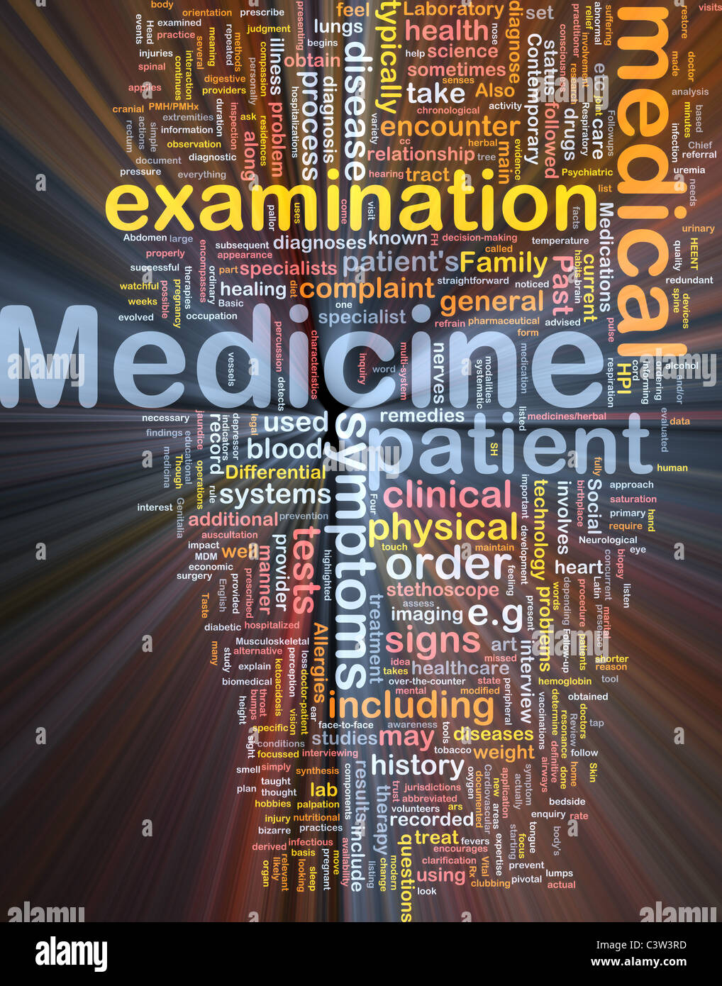 Hintergrund-Konzept Wordcloud Illustration der Medizin gleißenden Licht Stockfoto