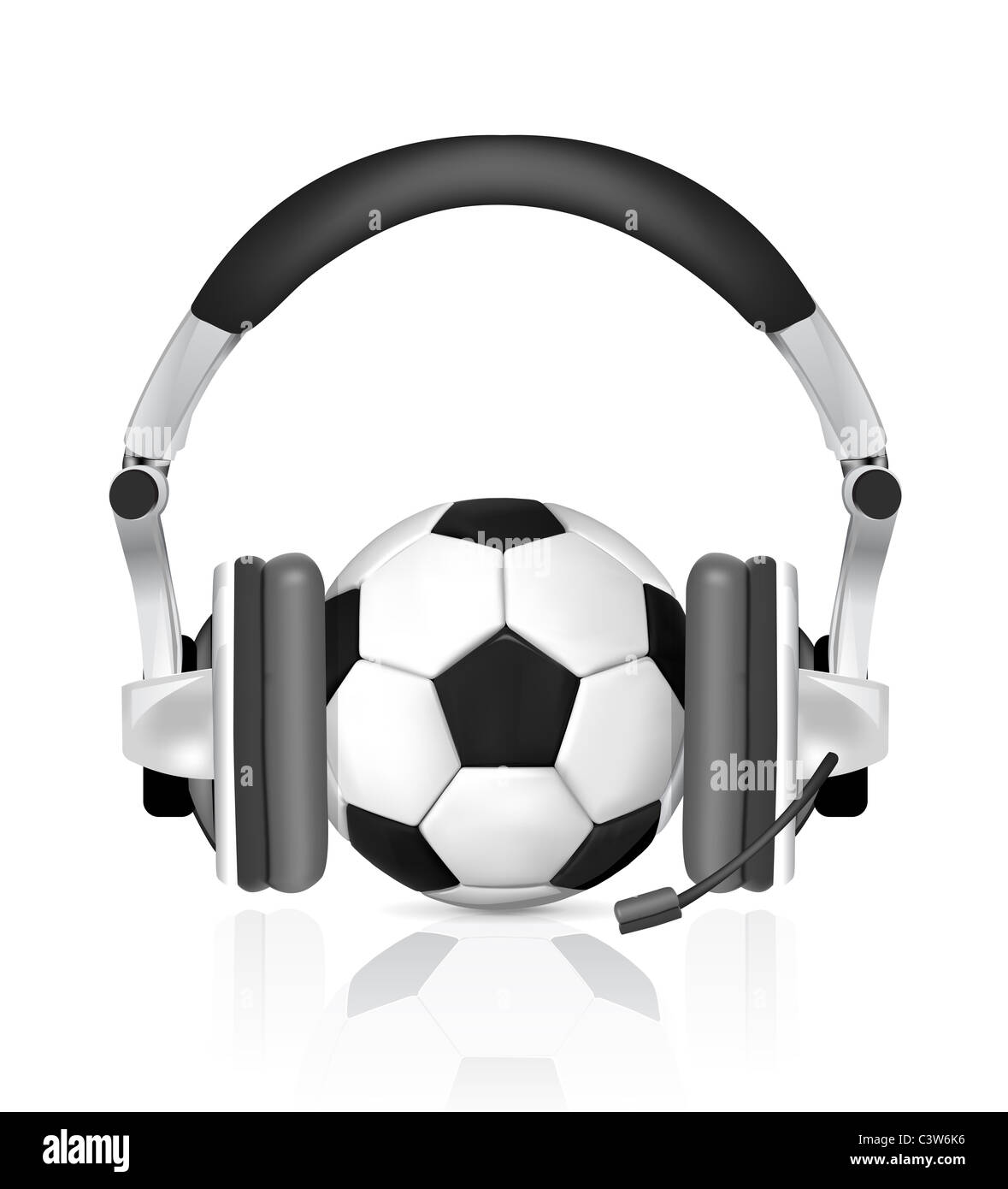 Fußball-Konzept, Ball im Kopfhörer, als Kommentator auf weißem Hintergrund Stockfoto