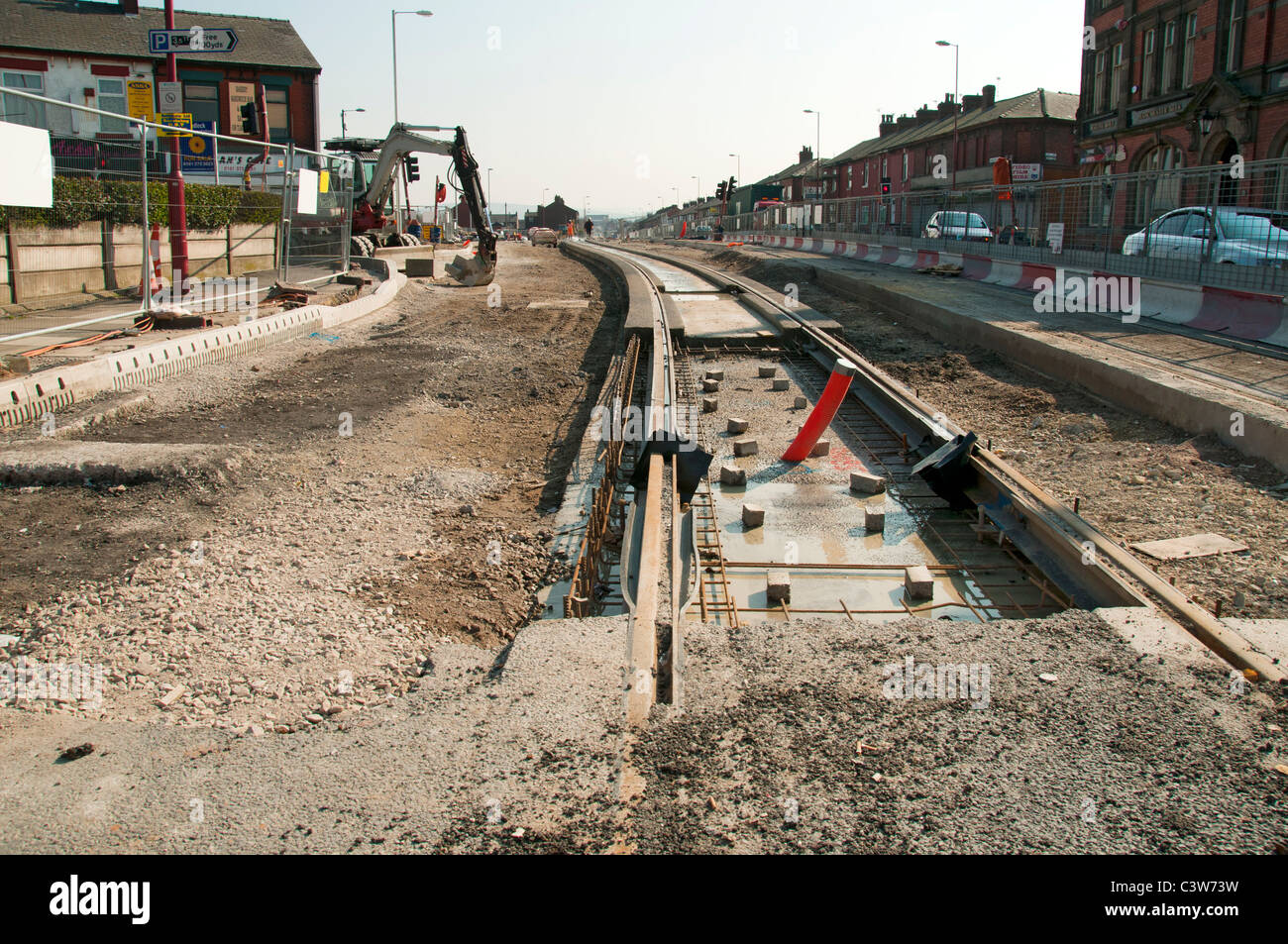 Metrolink auf der Straße (Straßenbahn) Stadtbahn im Bau bei Edge Lane