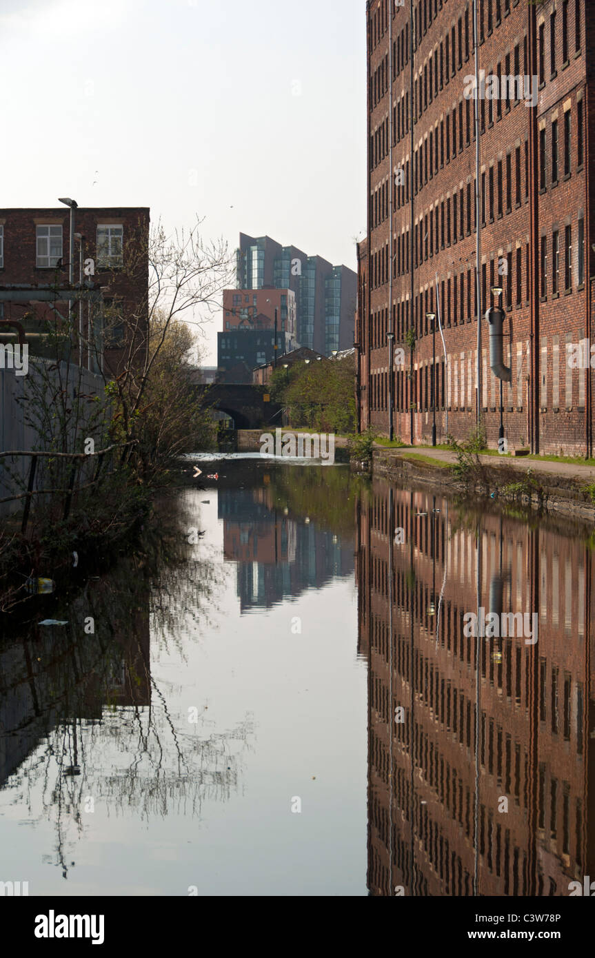 Alte Baumwollspinnerei und der Islington Wharf Tower spiegelt sich in Ashton Canal, neue Islington, Ancoats, Manchester, England, UK. Stockfoto