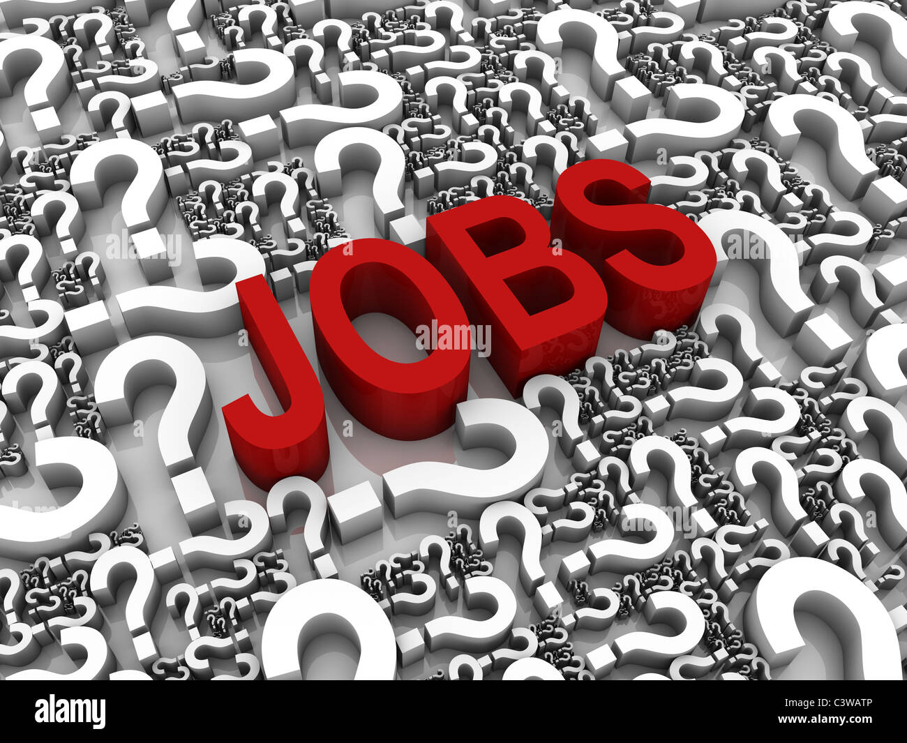 "Arbeitsplätze" 3D-Text umgeben von Fragezeichen. Teil einer Serie. Stockfoto