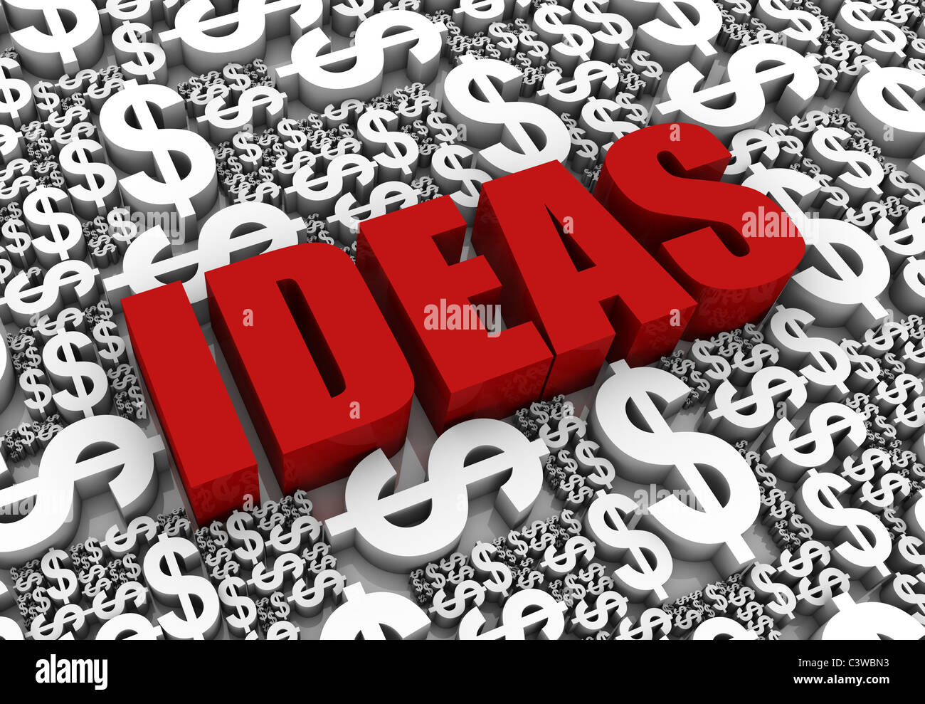 "Ideen" 3D-Text umgeben von Dollar Währungssymbole. Teil einer Serie. Stockfoto