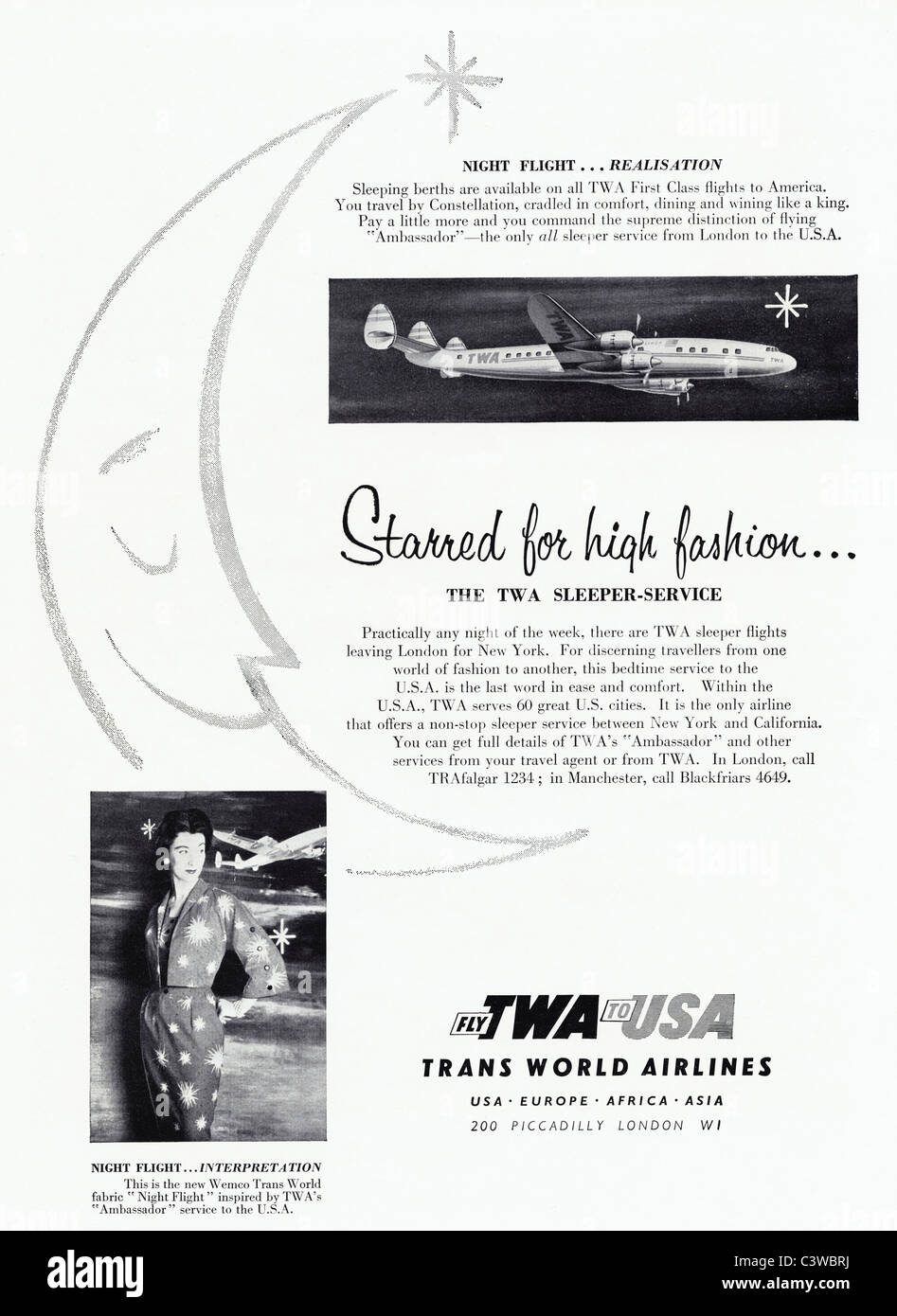 Original ganzseitige Anzeige im Mode-Magazin ca. 1955 für TWA AIRLINE Sleeper service Stockfoto