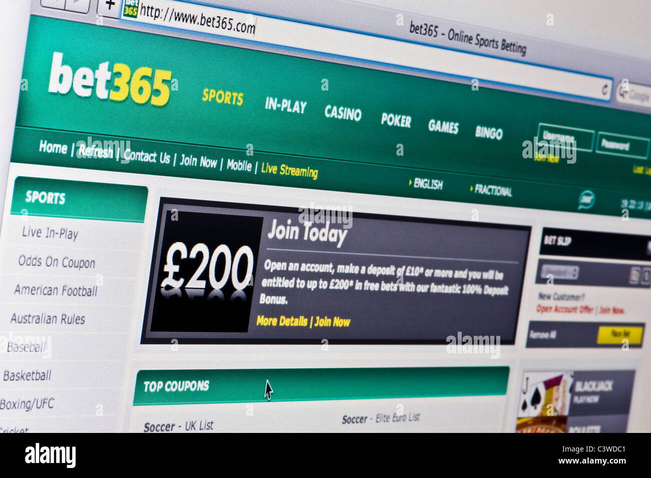 Nahaufnahme von Bet365-Logo auf ihrer Website gesehen. (Nur zur redaktionellen Verwendung: print, TV, e-Book und redaktionelle Webseite). Stockfoto