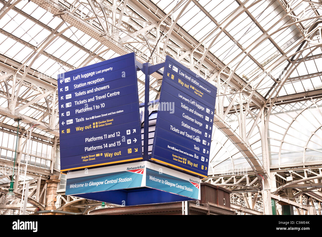 Overhead Richtungsanzeiger in der Bahnhofshalle von Glasgow Central Station. Standorte der Plattformen und Bahnhofsanlagen angibt. Stockfoto