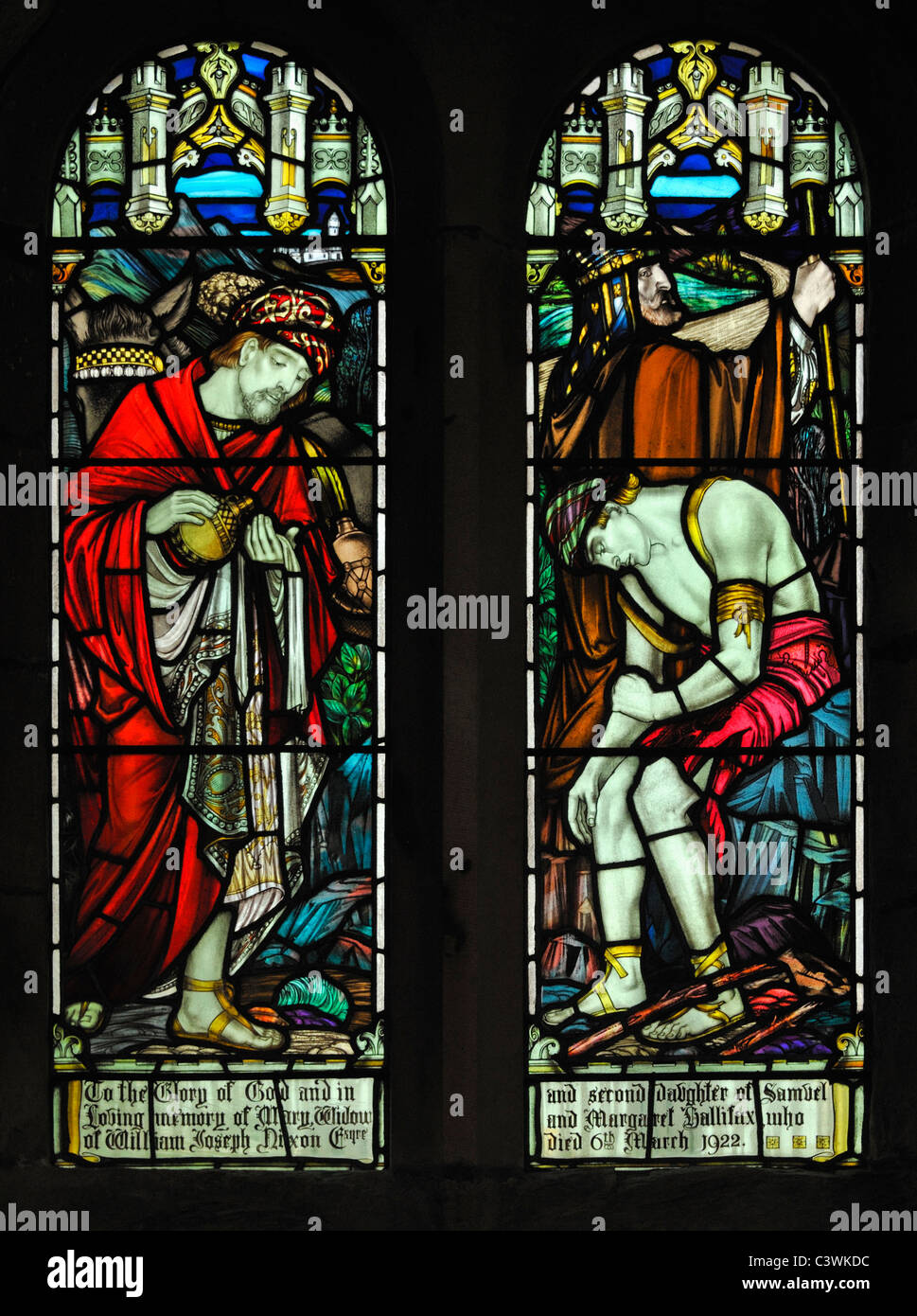 Der barmherzige Samariter, Fenster, Kirche der Heiligen Maria. Sebergham, Cumbria, England, Vereinigtes Königreich, Europa. Stockfoto