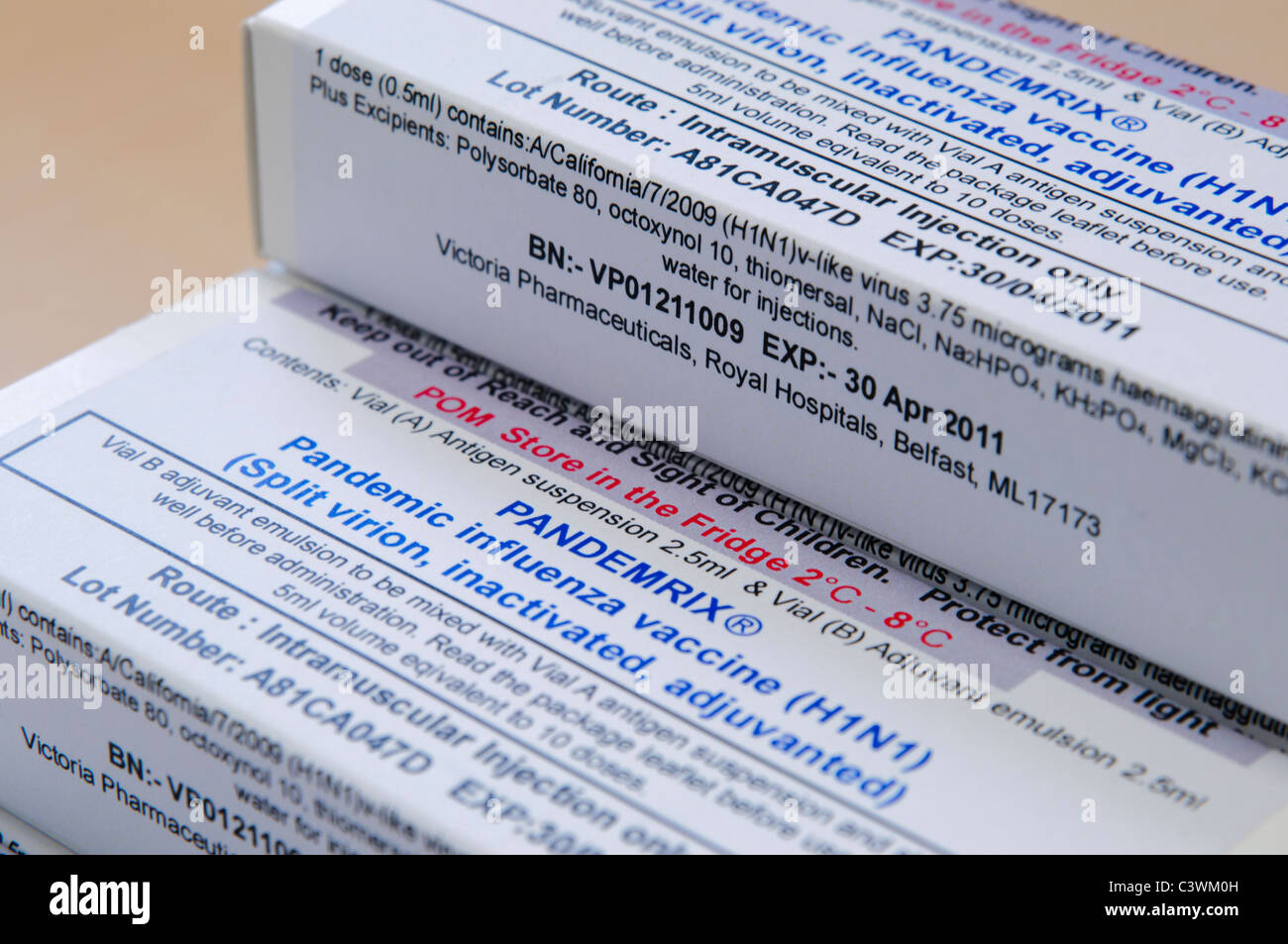 Kisten mit Pandemrix Impfstoff gegen H1N1 Schweinegrippe-virus Stockfoto