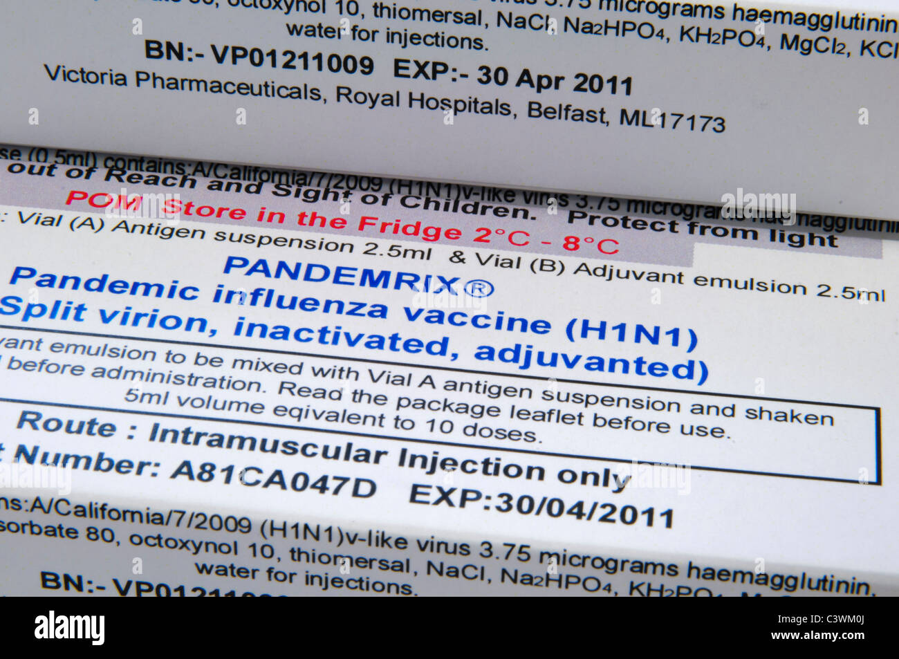 Kisten mit Pandemrix Impfstoff gegen H1N1 Schweinegrippe-virus Stockfoto
