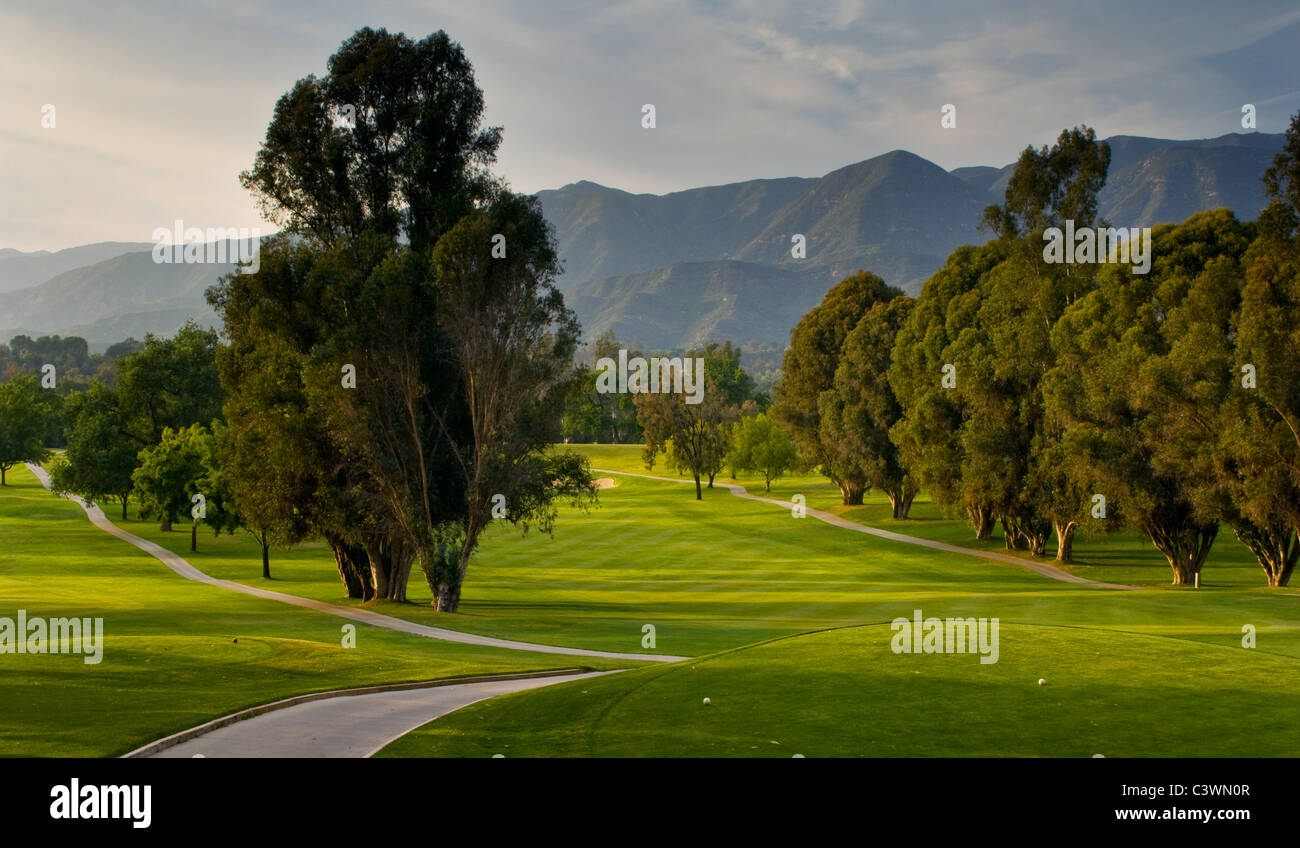 Eichen und Golfplatz bei Sonnenuntergang, Ojai Valley Inn &amp; Spa, Ojai, Kalifornien Stockfoto