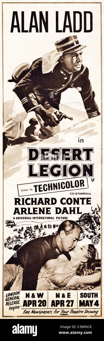 Original Werbung im Filmmagazin ca. 1953 für den Film DESERT LEGION Darsteller ALAN LADD Stockfoto