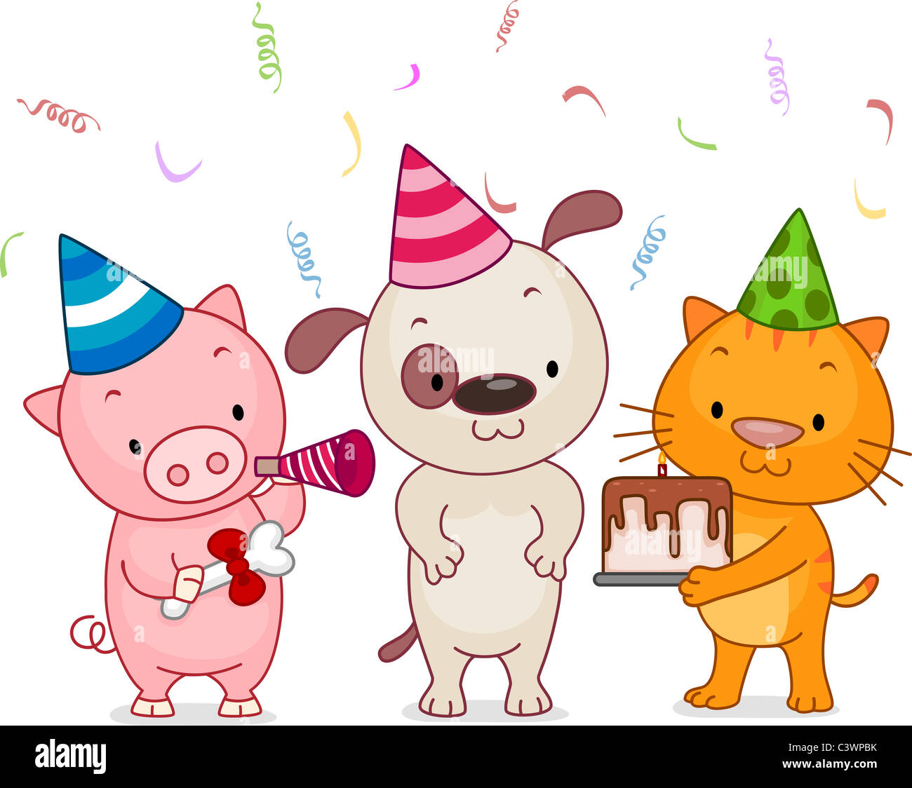 Abbildung von Tieren, die mit einer Geburtstagsparty Stockfoto