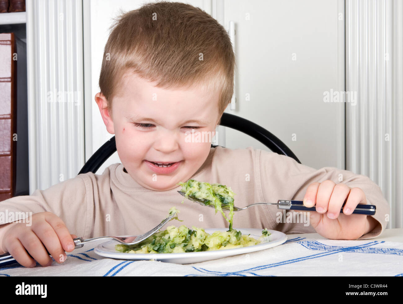 Vier Jahre alter Junge auf der Suche mit Ekel vor dem Essen auf seinem Teller Stockfoto