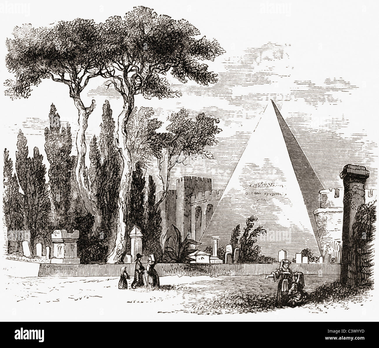 Der protestantische Friedhof und die Pyramide des Cestius, Rom, Italien im späten 19. Jahrhundert. Stockfoto