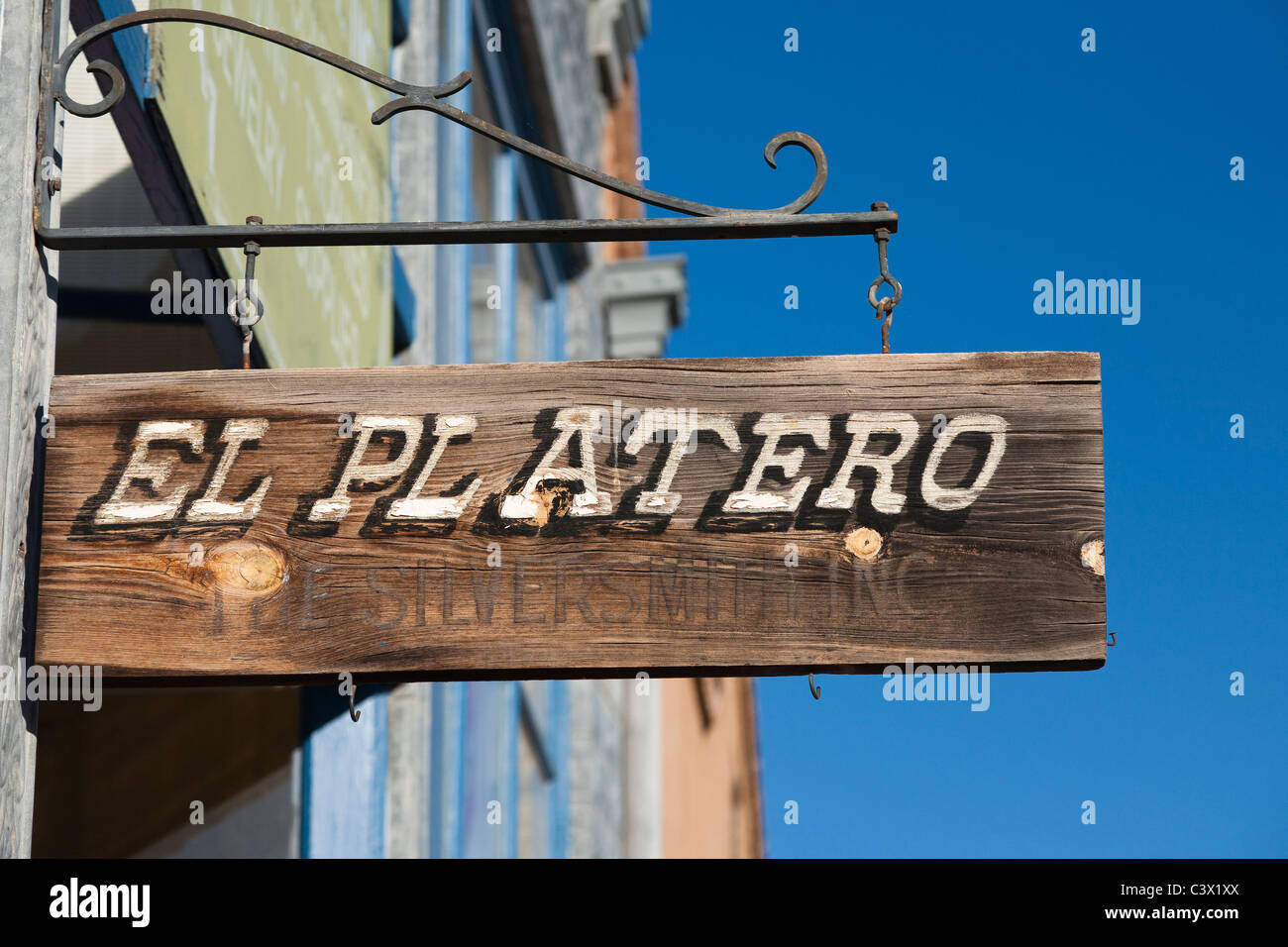 Silberschmied, rustikale Zeichen, "El Platero", Gebäude Zeichen, Western, La Mesilla, New Mexico Stockfoto