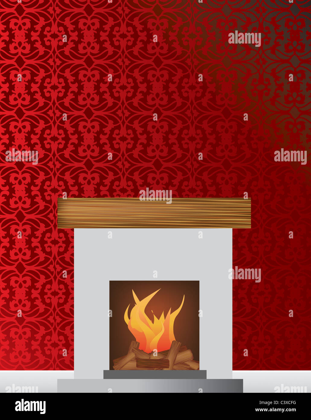 Vektor-Illustration von einem prasselnden Feuer im Kamin mit roten wallpaper Stockfoto