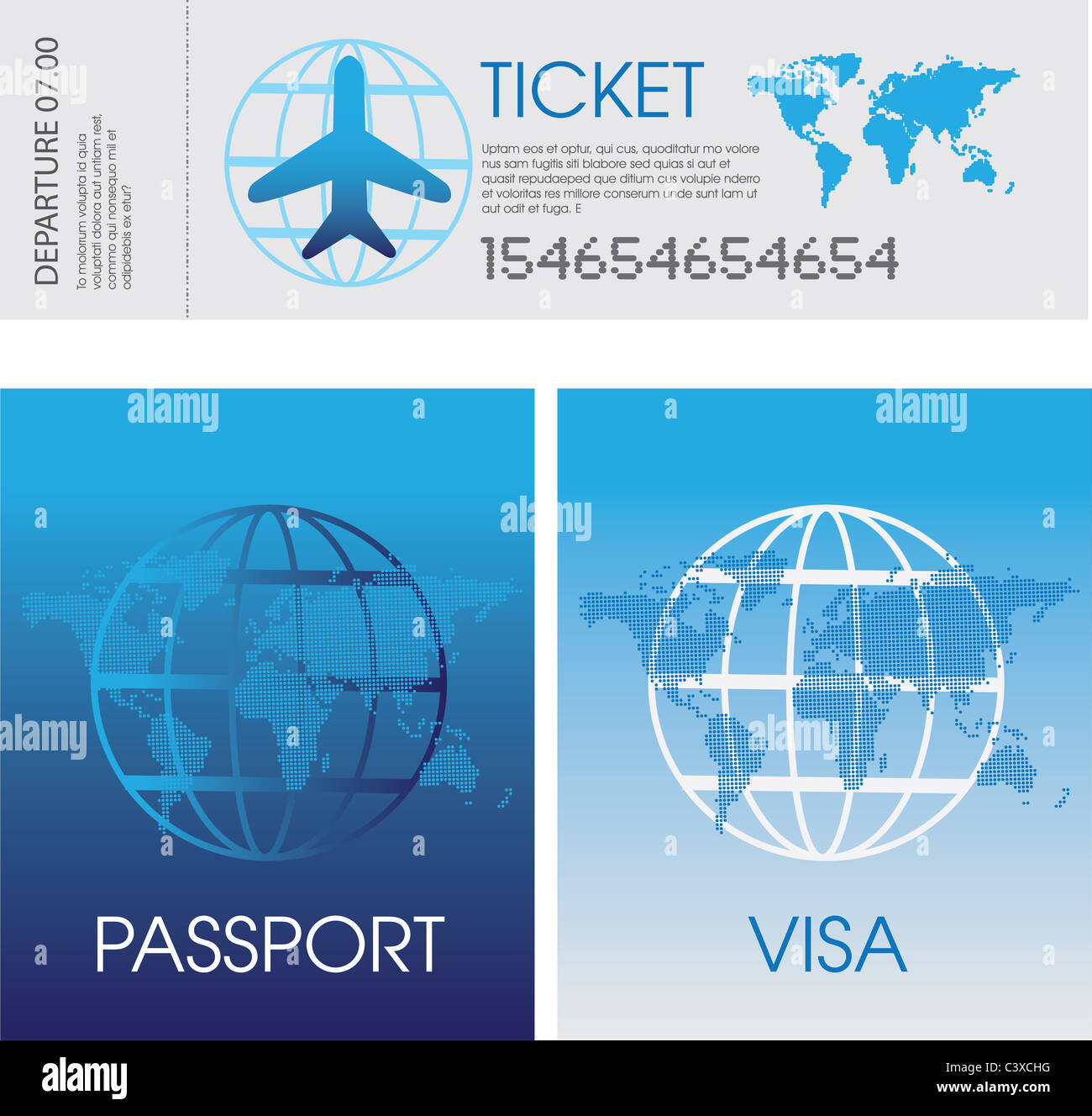 Abbildung einer Reihe von generischen Flugtickets, Reisepass und VisumDokumente Stockfotografie