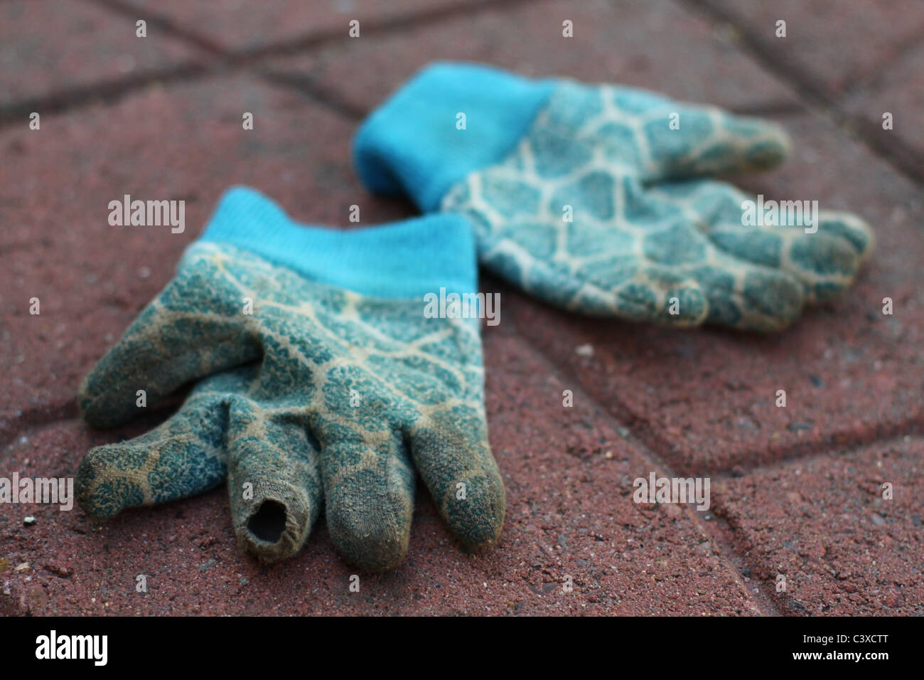 Eine Nahaufnahme von verschmutzten Gartenhandschuhe mit einem Loch drin. Stockfoto