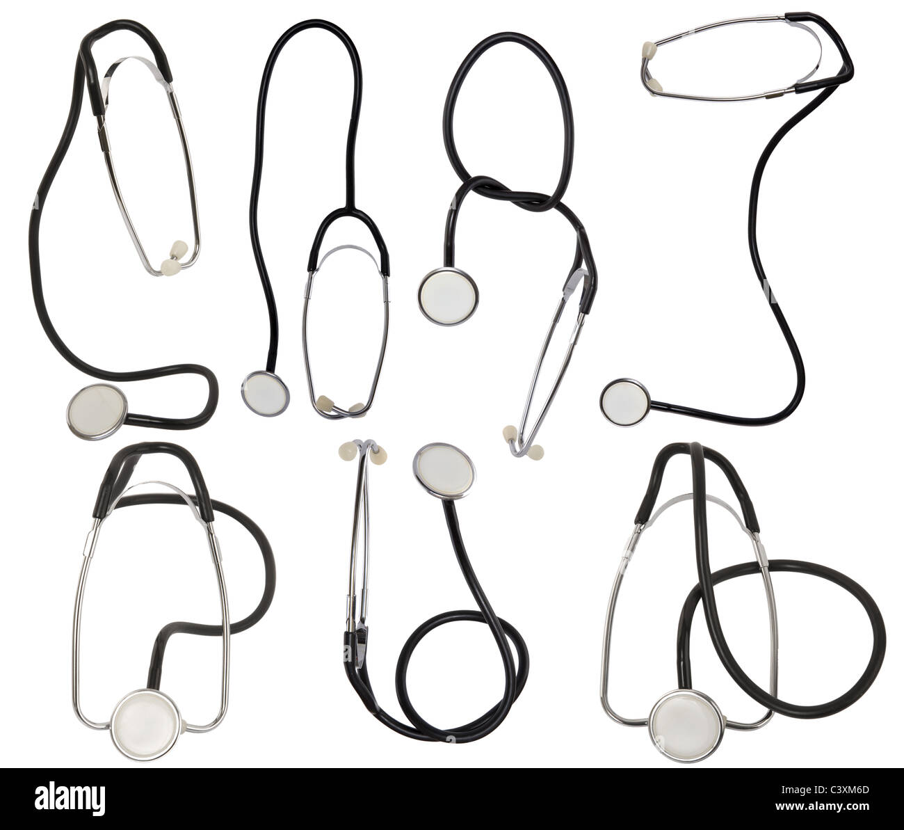 Sammlung von Stethoskop auf weißem Hintergrund Stockfoto