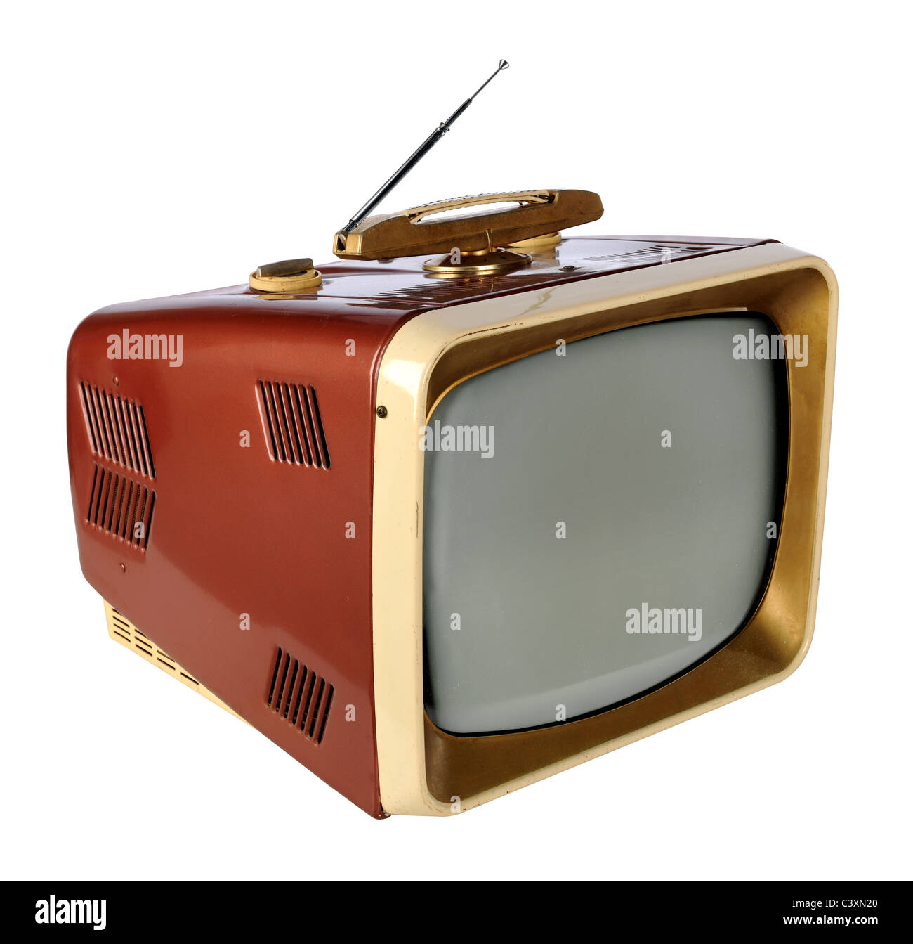 Vintage TV isoliert auf weißem Hintergrund - mit Beschneidungspfad auf TV und Leinwand Stockfoto