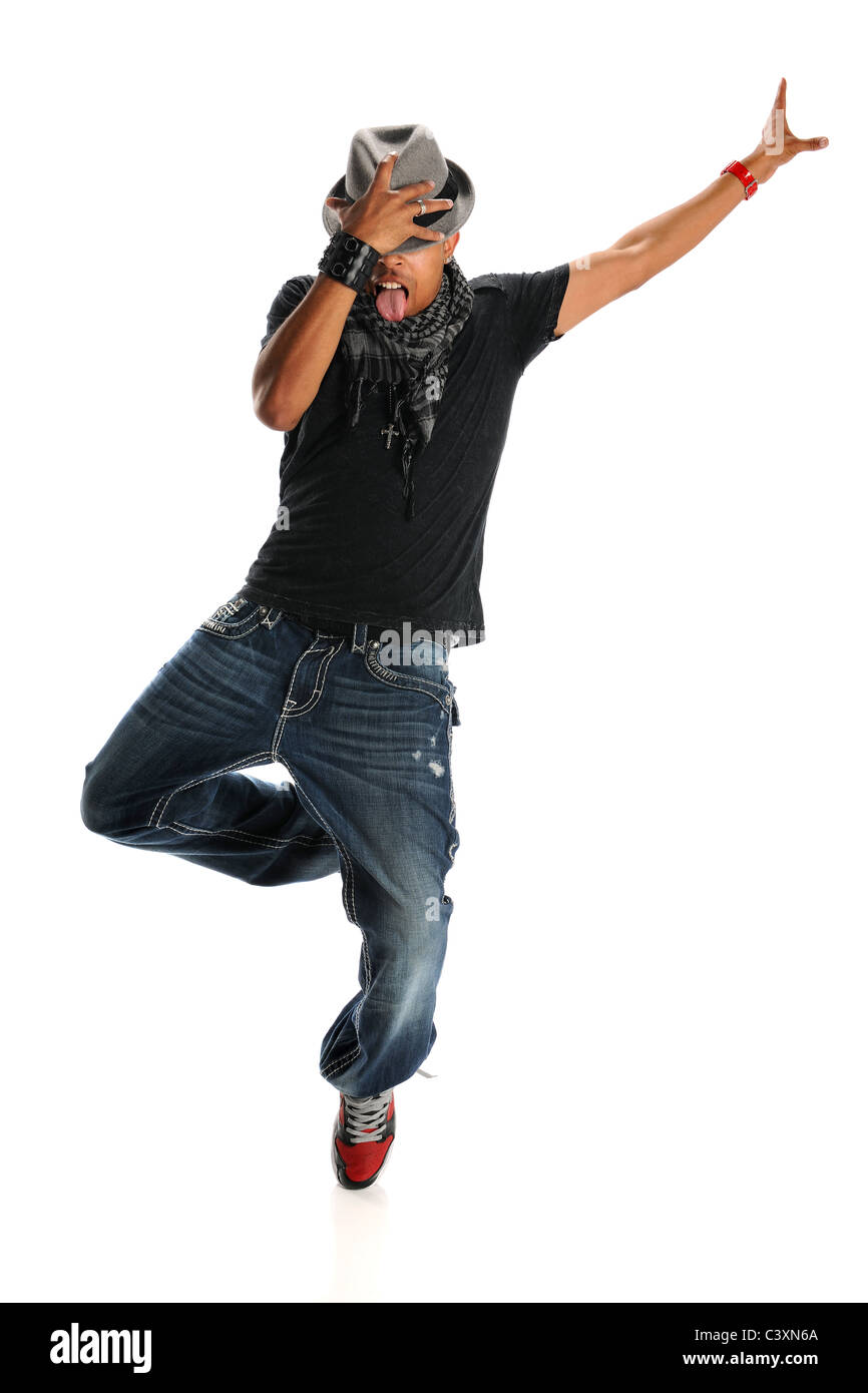 Afrikanische amerikanische Hip-Hop-Tänzer Durchführung Holding Hut isoliert auf weißem Hintergrund Stockfoto