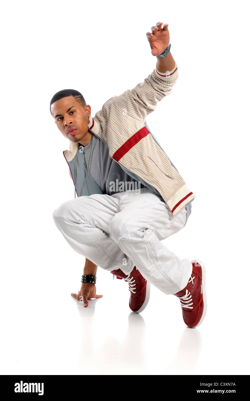 Porträt des afroamerikanischen Hip-Hop-Tänzer Durchführung isoliert auf weißem Hintergrund Stockfoto
