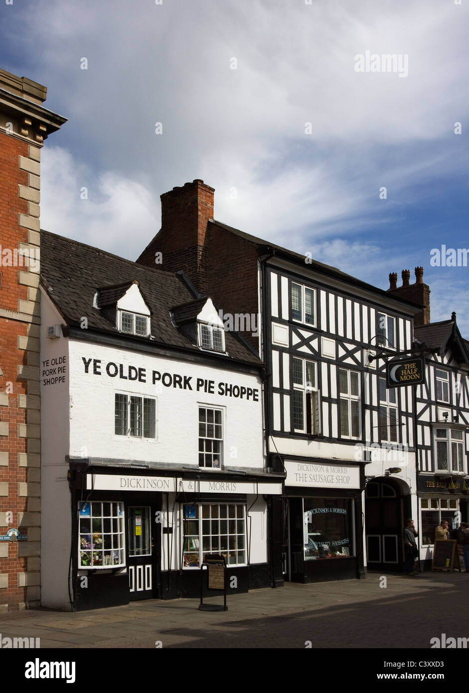 Dickinson, Morris Pork Pie und Wurst Geschäfte und Halbmond Gastwirtschaft Melton Mowbray, Leicestershire, England, Vereinigtes Königreich Stockfoto