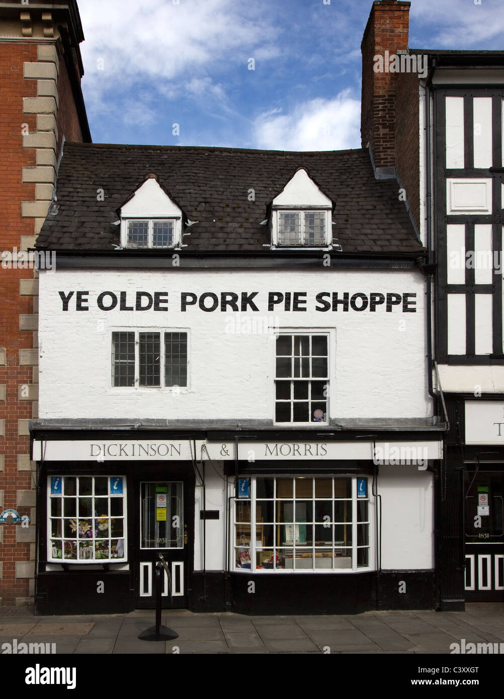 Dickinson und Morris ' Ye Olde Shoppe Pork Pie "Melton Mowbray, Leicestershire, England, UK Stockfoto