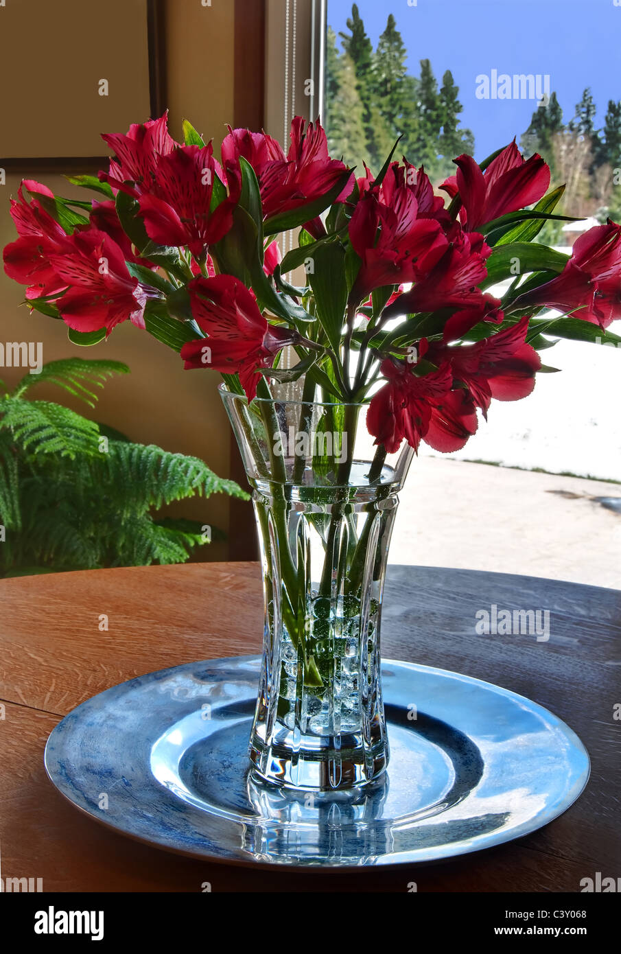 Diese vertikale Bild ist ein Blumenstrauß in einer Kristallvase Vase rote Lilie. Außerhalb des Glases ist Tür einen schneereichen Winter. Stockfoto