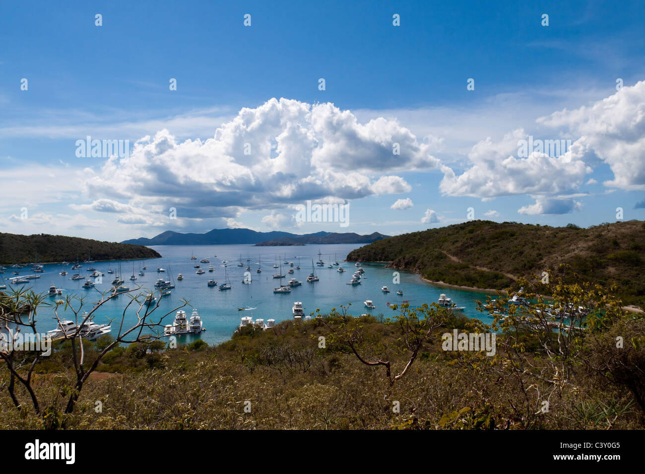 Aussicht auf viele Boote ankern in der Bucht-Bucht von übersehen auf Norman Island in Britische Jungferninseln Stockfoto