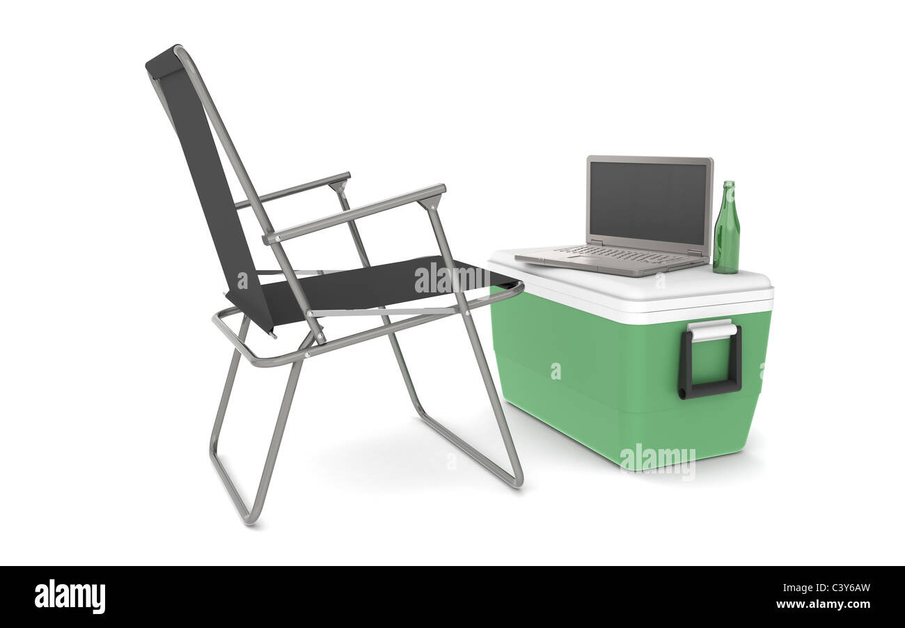 Entspannen Sie sich. Nehmen Sie eine Pause-Edition. Laptop auf einer grünen Cool-Box und ein Bier Stockfoto