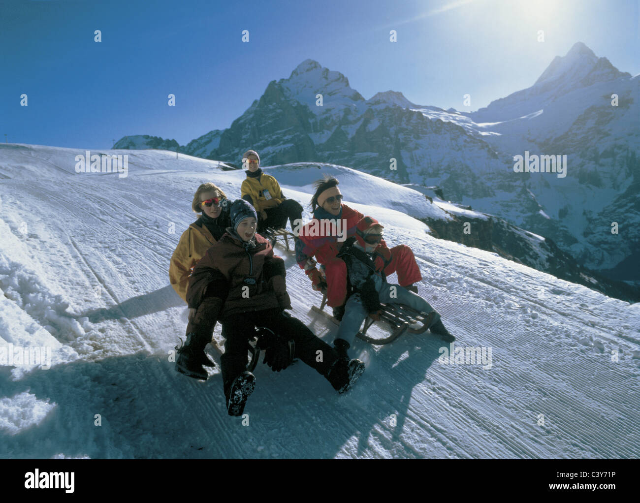 Schlitten, Schlitten, Schlitteln, auf Schlitten, Familie, Gruppe, Spaß, Witz, Action, Schlittelpiste, Schnee, Winter, Wintersport, Mountai Stockfoto