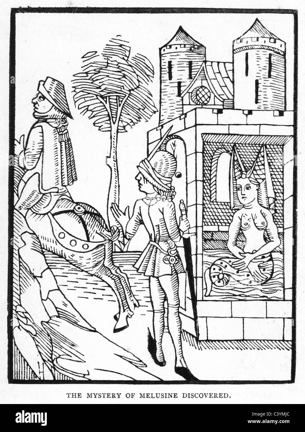 Mittelalterlichen Holzschnitt aus der Geschichte der Melusine. Das Geheimnis der Melusine entdeckt Stockfoto