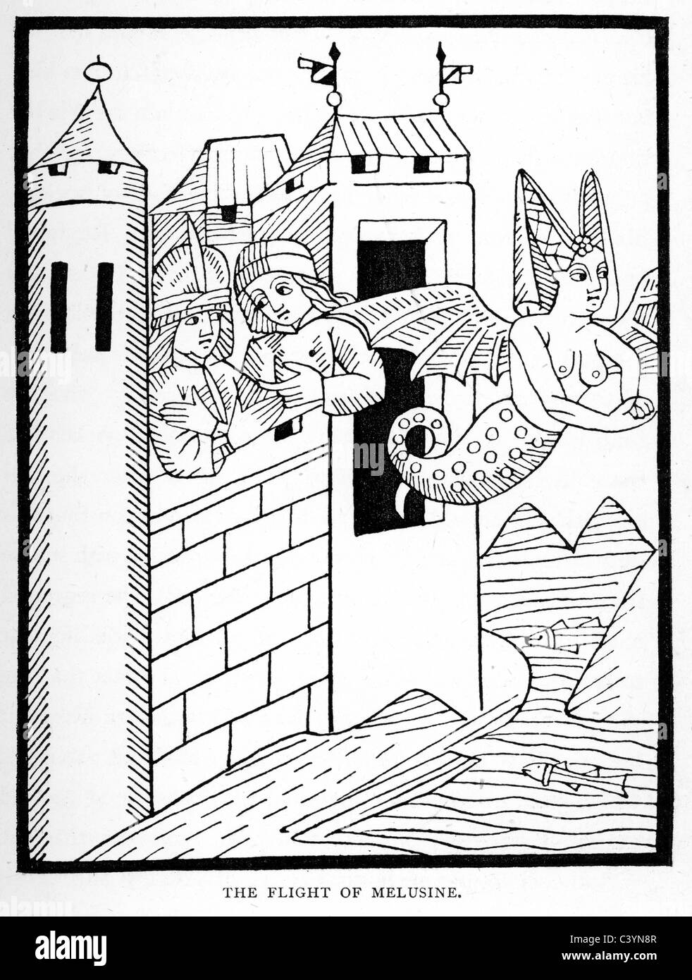 Mittelalterlichen Holzschnitt aus der Geschichte der Melusine. Der Flug von Melusina Stockfoto